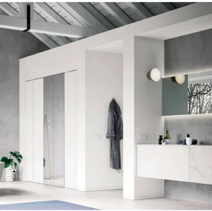 Mobile da Bagno sospeso MK1 02 in laccato bianco opaco e gres marmo statuario di Nova Cucina