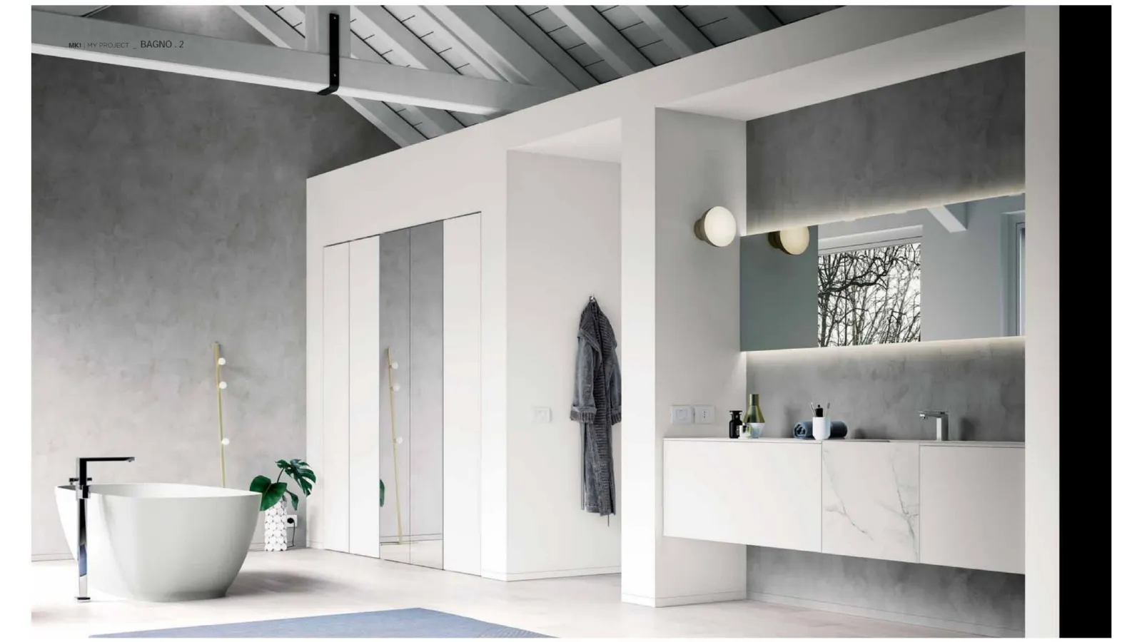 Mobile da Bagno sospeso MK1 02 in laccato bianco opaco e gres marmo statuario di Nova Cucina