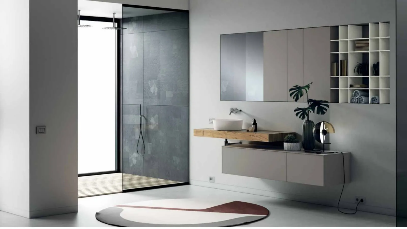 Mobile da Bagno sospeso MK1 03 in laccato opaco e top in Rovere old naturale di Nova Cucina