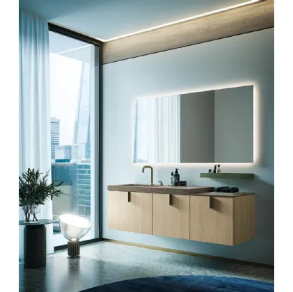 Mobile da Bagno sospeso in laminato finitura Olmo e top in gres Sistema Maniglia 22 di Puntotre