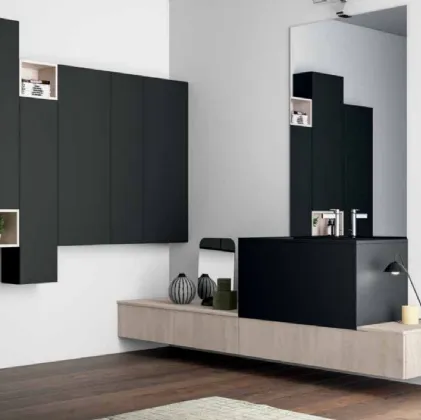 Mobile da Bagno sospeso Smart 06 in laccato opaco e laminato legno di Nova Cucina