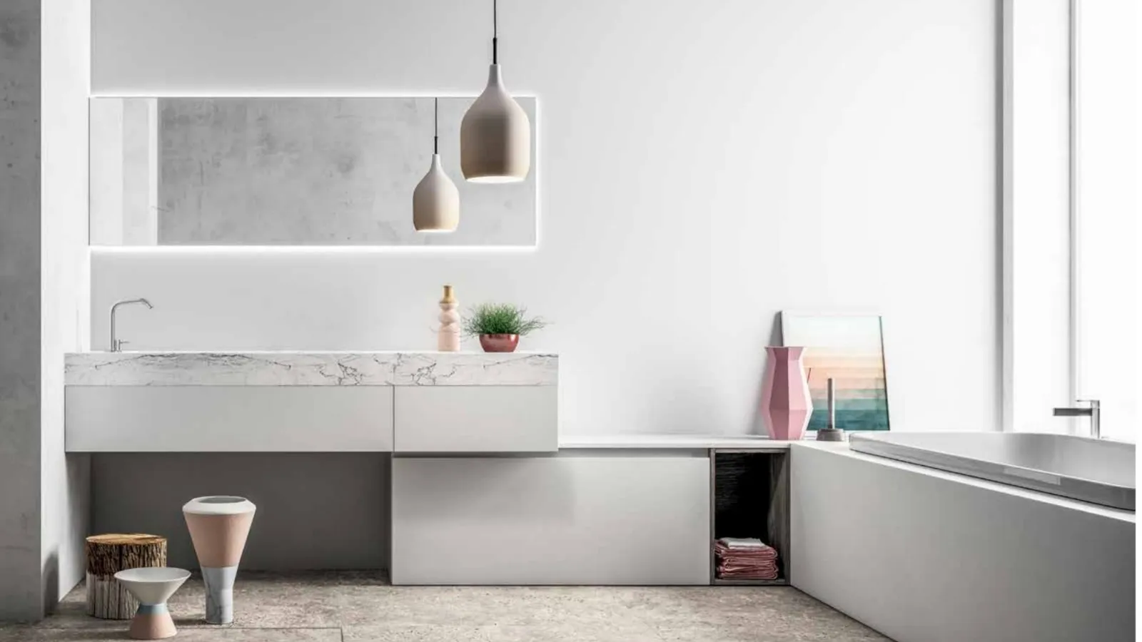 Mobile da Bagno a terra Smart 04 in laccato bianco opaco e laminato marmo di Nova Cucina