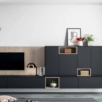 Parete Attrezzata Smart 01 in laminato nero e effetto legno di Nova Cucina