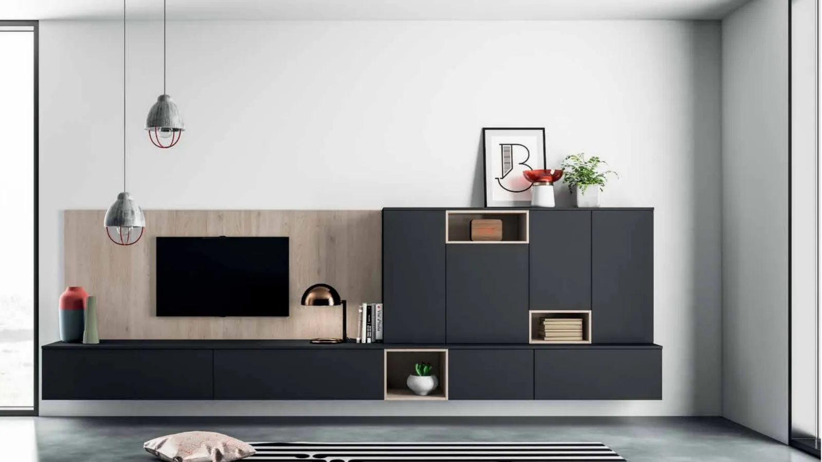 Parete Attrezzata Smart 01 in laminato nero e effetto legno di Nova Cucina