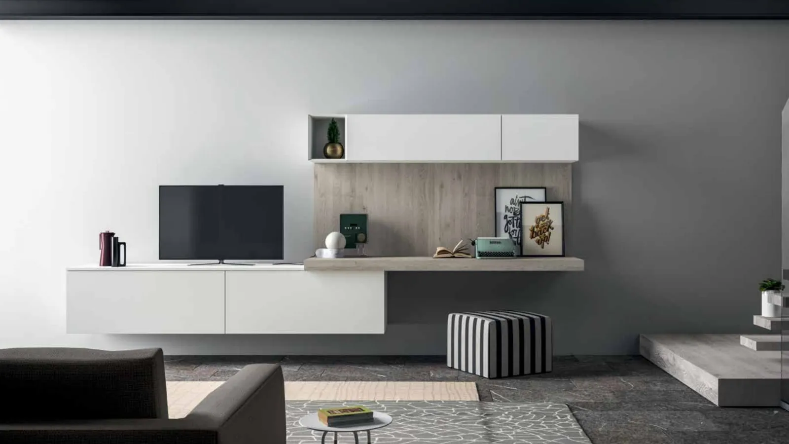 Parete Attrezzata Smart 03 in laminato bianco e effetto legno di Nova Cucina