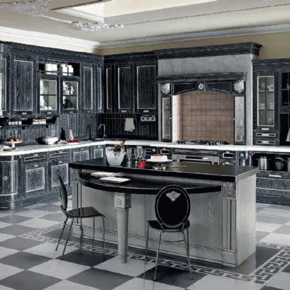 Cucina Classica angolare con isola centrale Imperial Charme in Fassino Antracite decapato con decorazioni argento di Aran