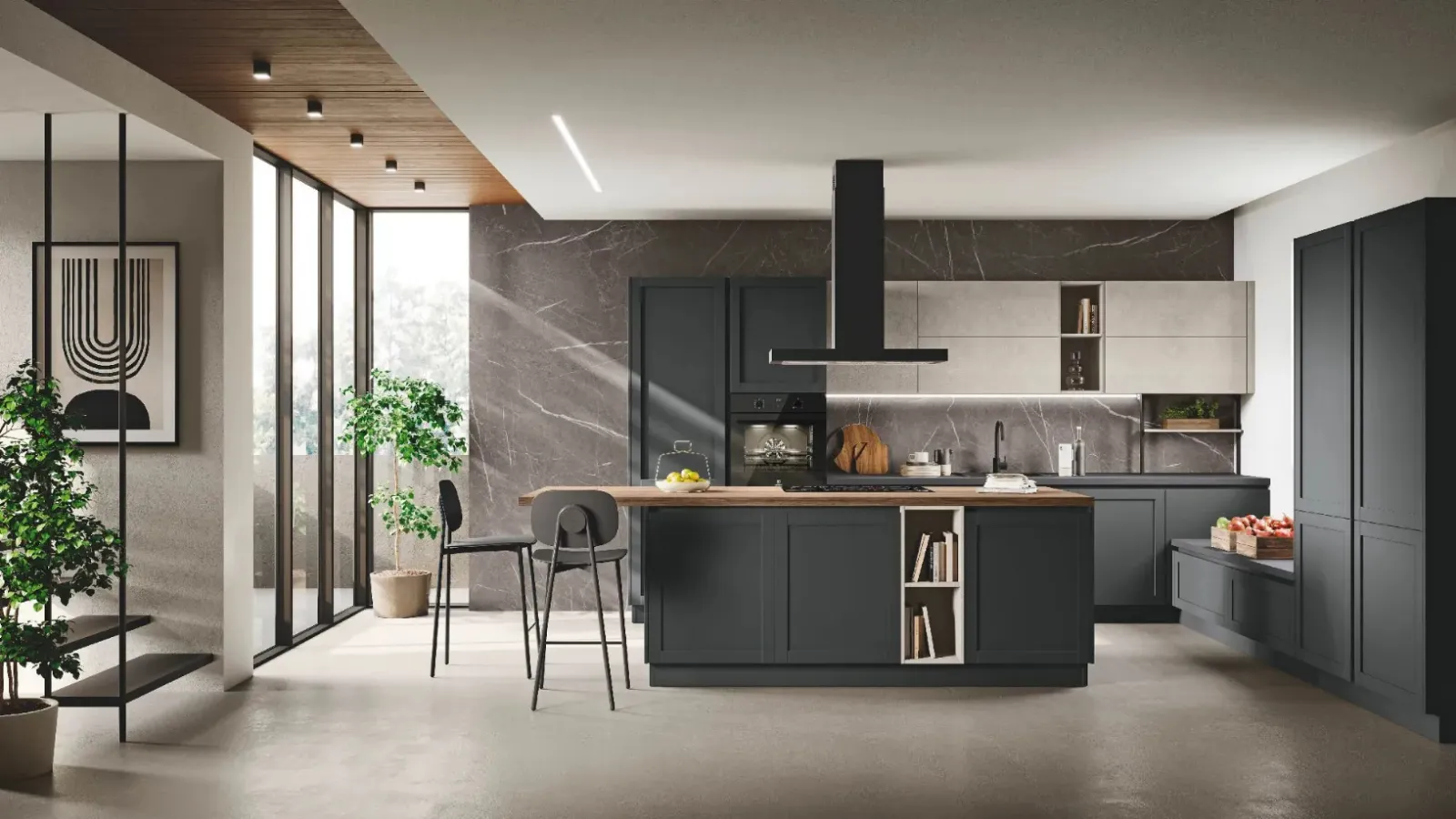 Cucina Classica con isola Sveva v03 in Alkorcell Black Matt e Cemento Materico Sand con top in laminato Lava e Top isola in laminato Rovere Anice di Stosa