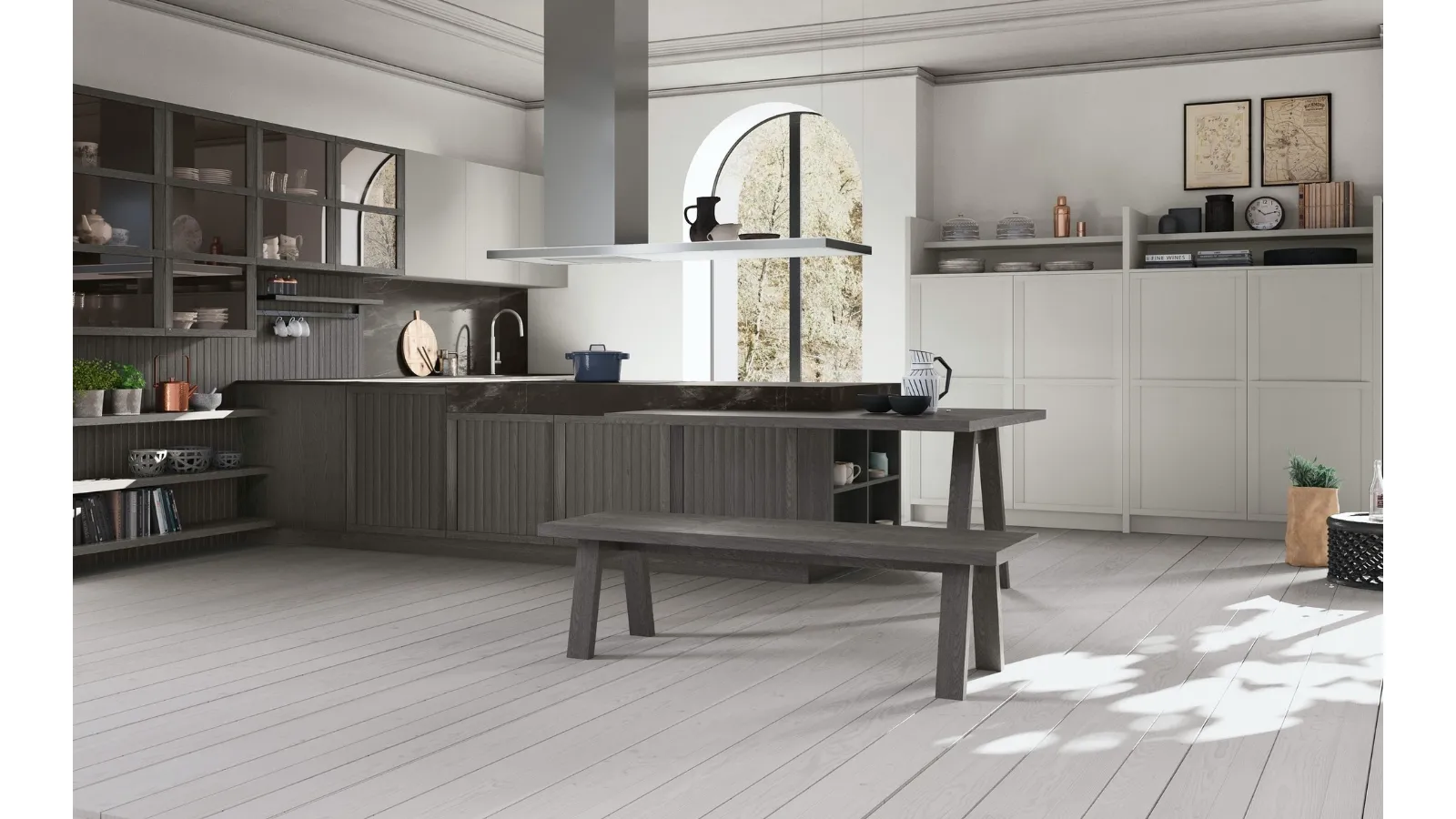 Cucina Classica con penisola Tosca v02 in Frassino Grigio Pernice e laccato Frost con top in HPL Grafite Brown di Stosa