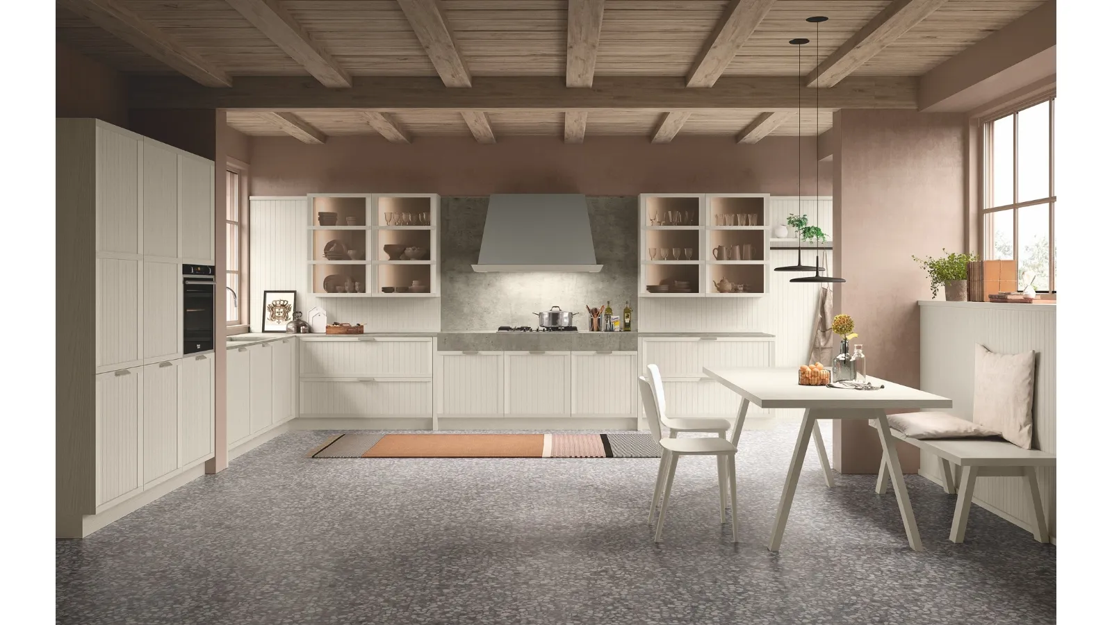 Cucina Classica angolare Tosca v05 in Frassino Beige Angora con top e schienale in HPL Argilla di Stosa