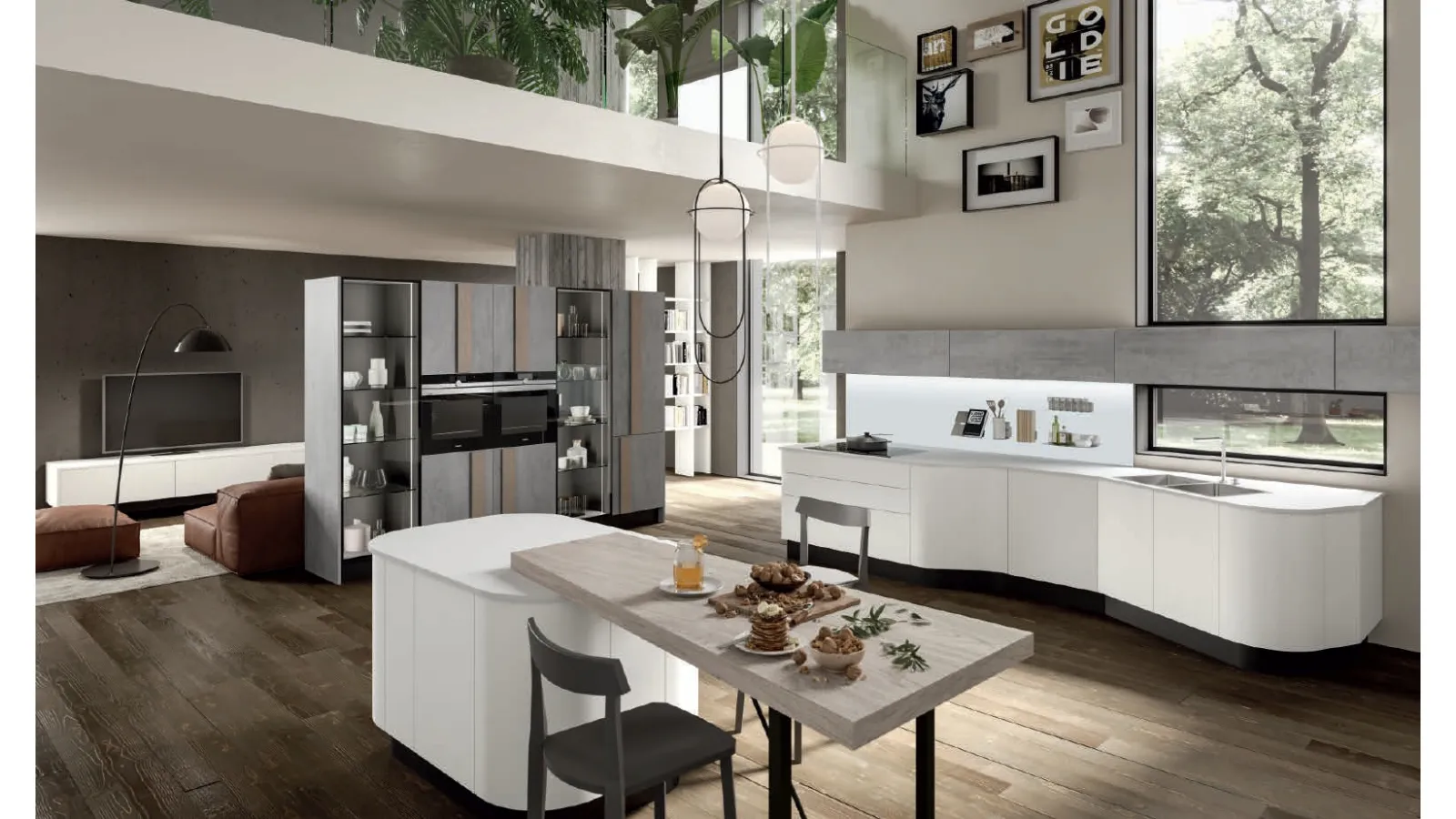 Cucina Design dalla forma asimmetrica con isola Erika in LPL Bianco di Aran