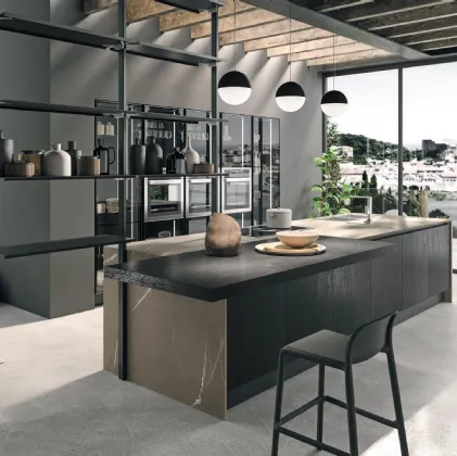 Cucina Design con isola Volare in Rovere Moka e laminato di Aran