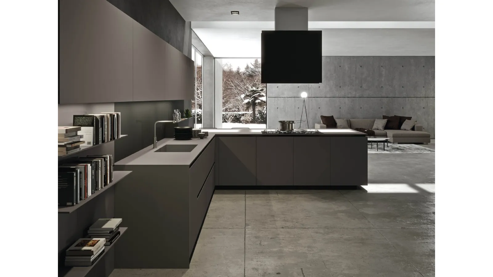 Cucina Design con penisola Ak Project 11 finitura fenix Grigio Londra di Arrital