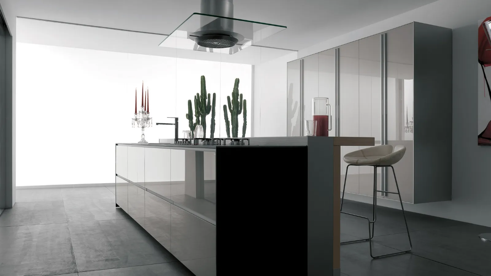 Cucina Design con isola Artematica Vetro Bianco Nuvola di Valcucine