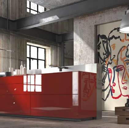 Cucina Design con isola in vetro lucido rosso con stampa artistica Artematica Vitrum Arte Sandro Chia di Valcucine