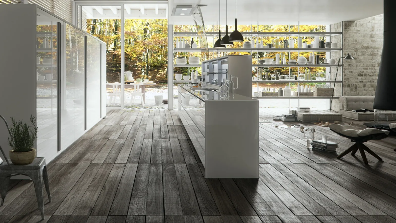 Cucina Design con isola Artematica Vitrum Bianco Lucido di Valcucine