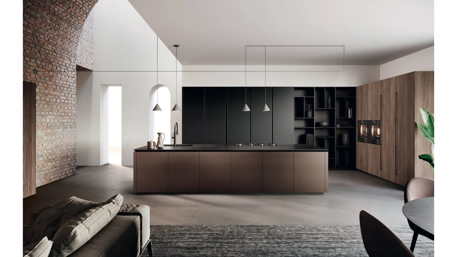 Cucina Design in alluminio brunito, vetro e bilaminato noce con isola Lab di Binova