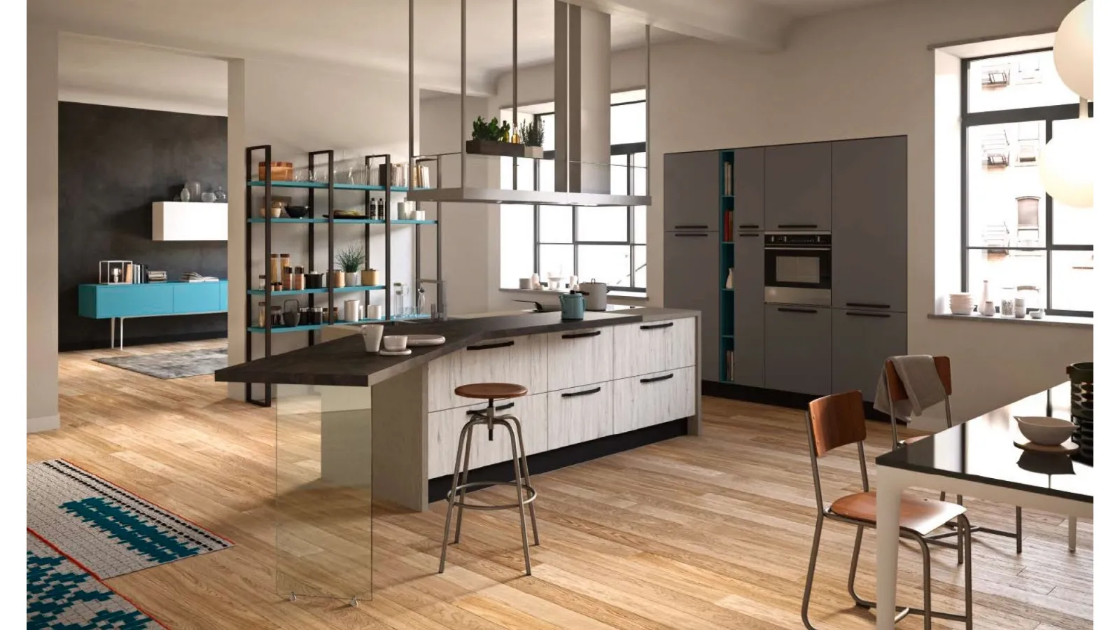 Cucina Design con isola Faro in Rovere sbiancato di Aran