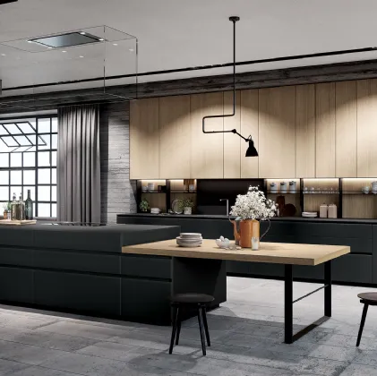 Cucina Design con isola Fly in vetro satinato e rovere di Nova Cucina