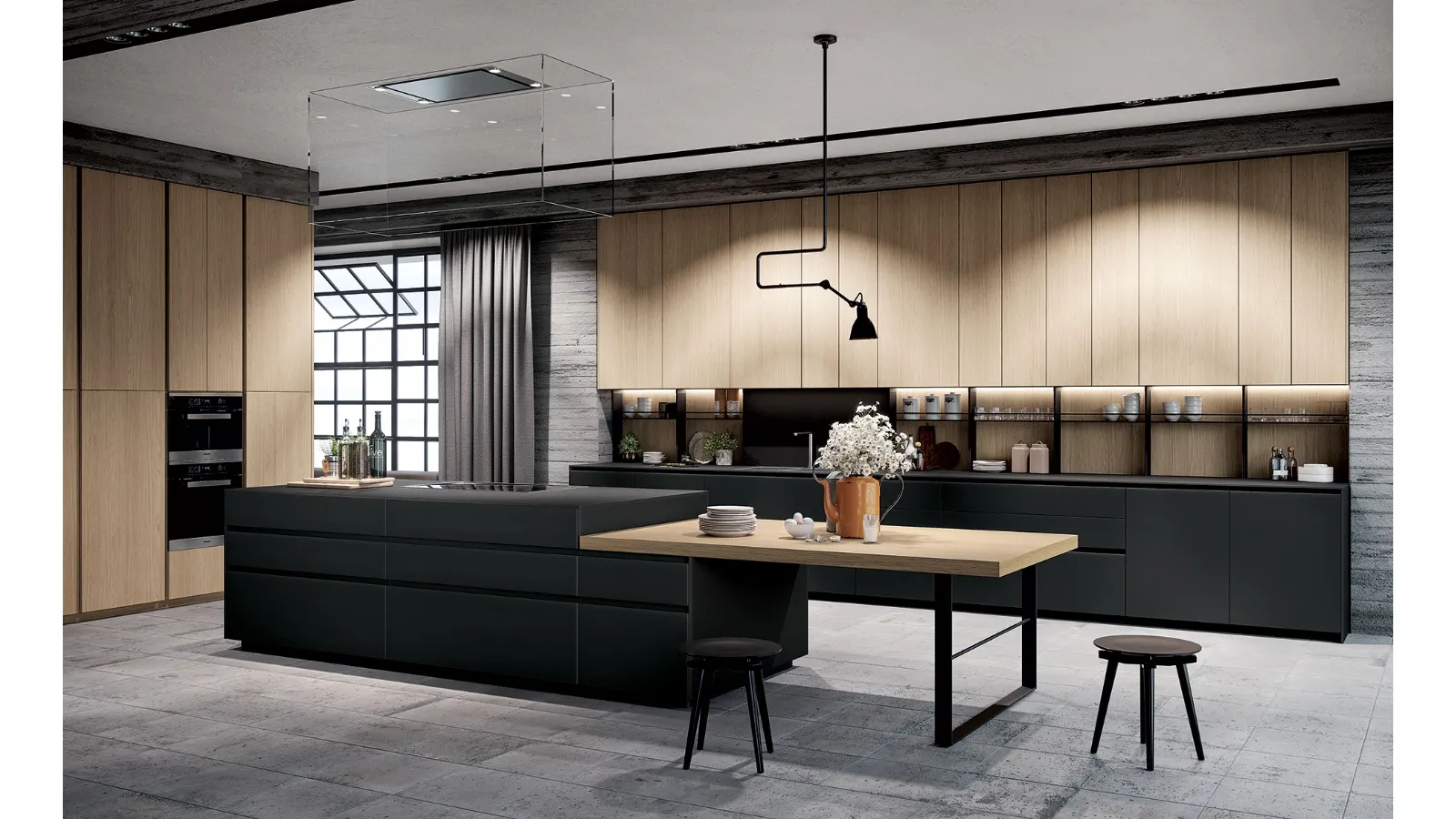 Cucina Design con isola Fly in vetro satinato e rovere di Nova Cucina