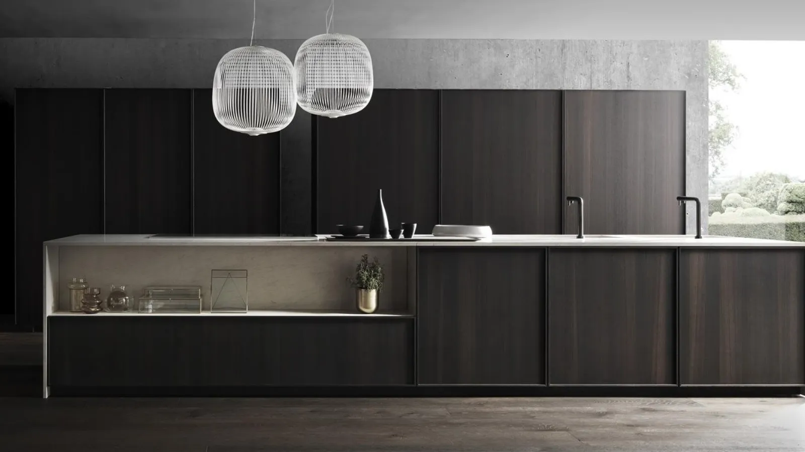 Cucina Design con isola Frame finitura impiallacciato Eucalipto Raw con top in Gres di Modulnova