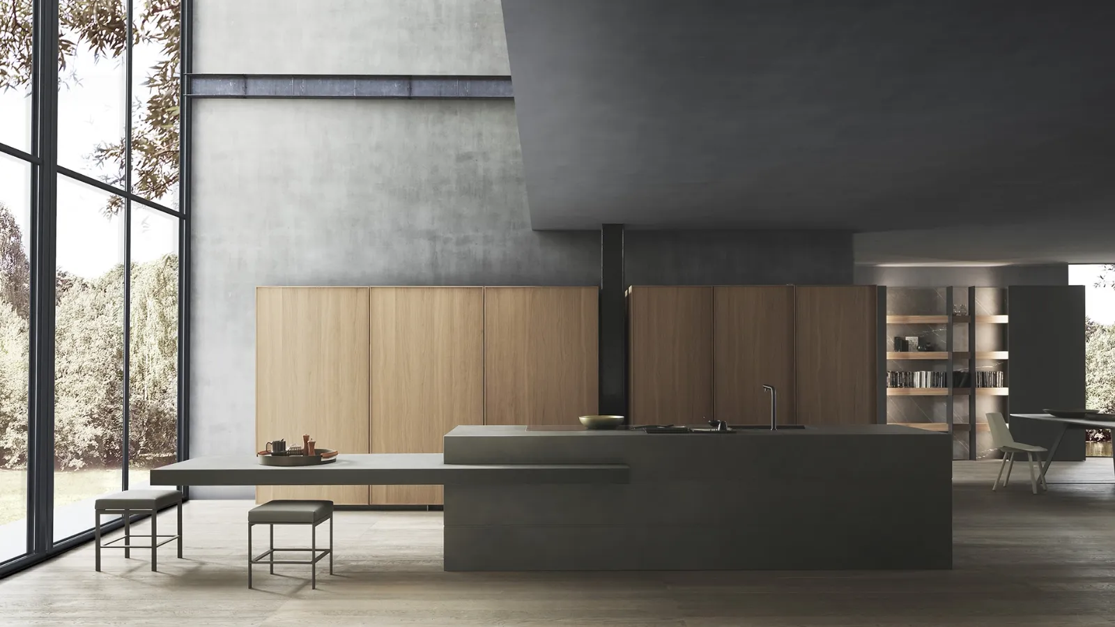 Cucina Design con isola Frame finitura Calce Dark Depth e Gres di Modulnova