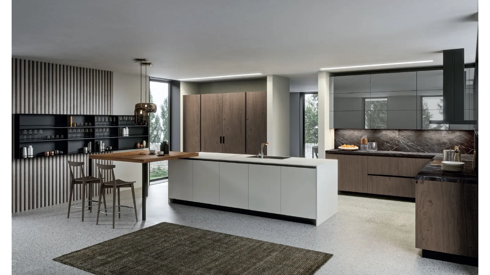 Cucina Design con isola Lab13 in Rovere nodato fumé e vetro bianco opaco di Aran