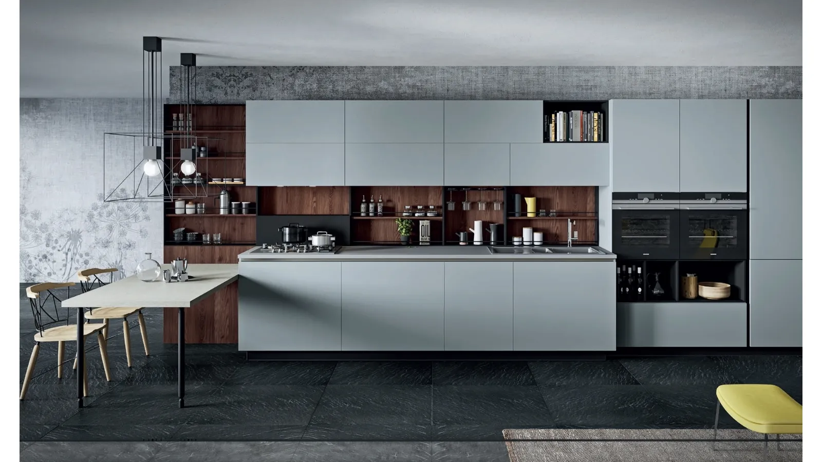 Cucina Design con penisola Lab13 in laminato HPL Grigio con profilo in alluminio Nero di Aran