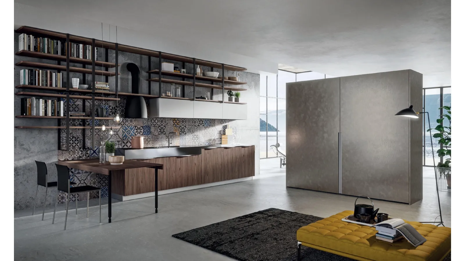 Cucina Design con penisola Lab13 con basi in LPL Noce e top in grés laminam di Aran