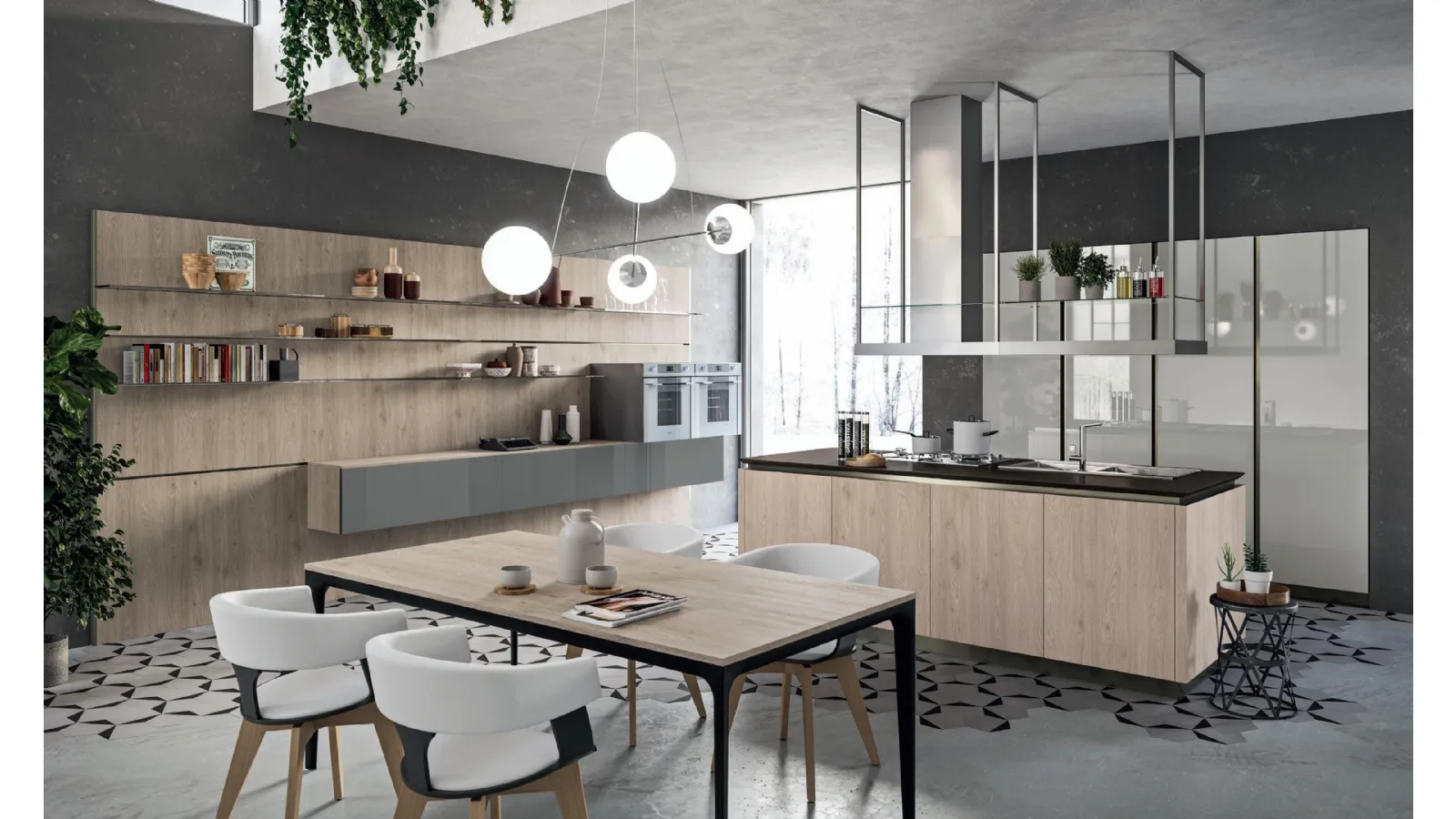 Cucina Design con isola Lab13 con basi in LPL Rovere cipria e anta Plana con profilo in alluminio di Aran