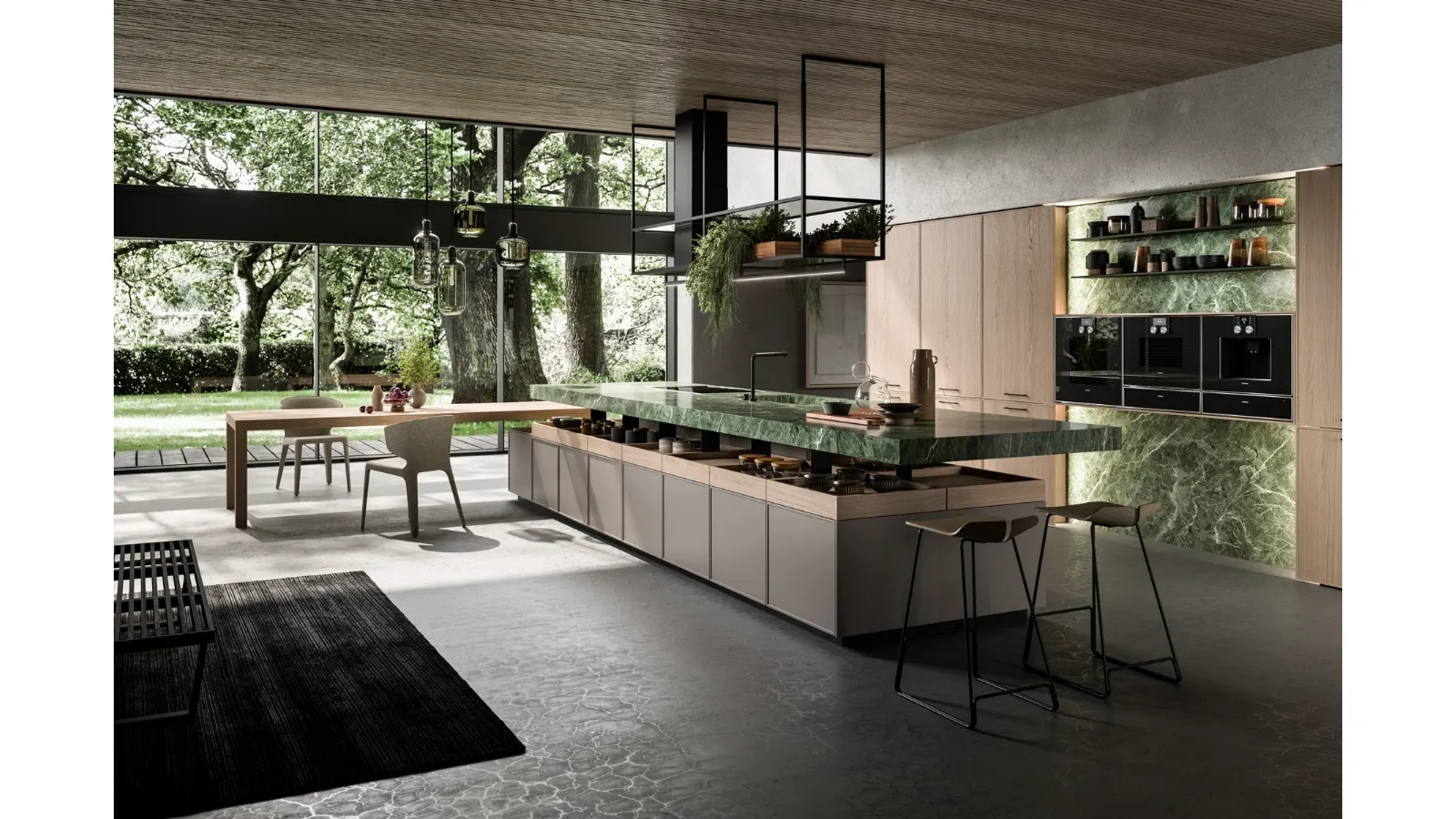 Cucina Design con isola in laccato, legno e marmo Line di Nova Cucina