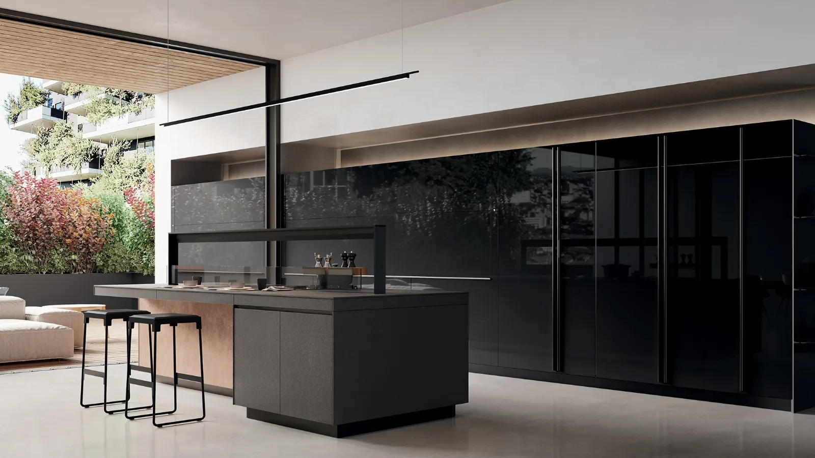 Cucina Design Logica Celata in Vitrum Lucido Nero di Valcucine