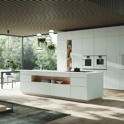 Cucina Design con isola Ménta in laminato PET opaco Bianco Nordico di Miton