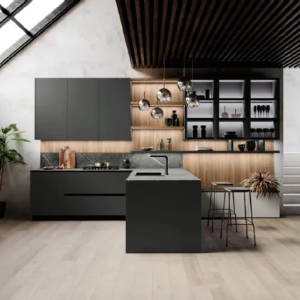 Cucina Design con penisola Ménta in bilaminato Grigio Medio di Miton