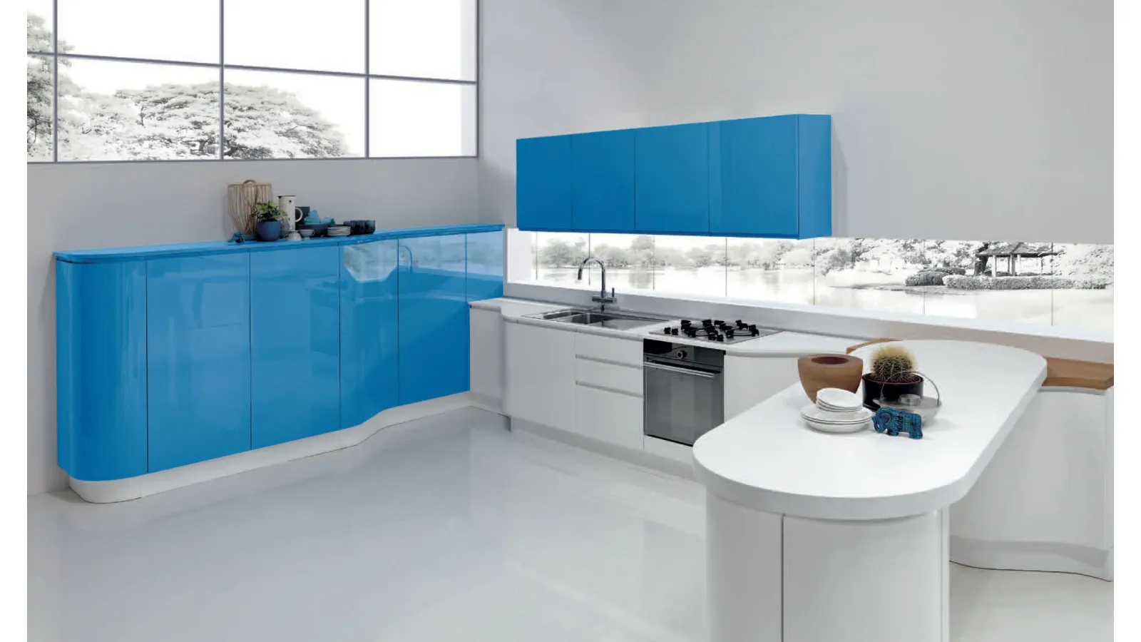 Cucina Design angolare con penisola Masca in laccato Blu e Bianco lucido di Aran