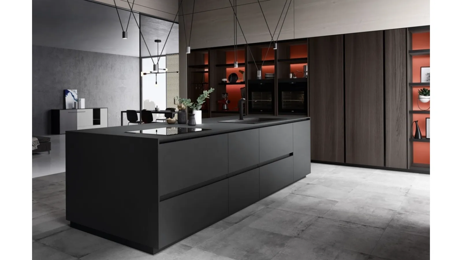 Cucina Design con isola in laminato Fenix finitura nero ingo Ménta 04 di Miton