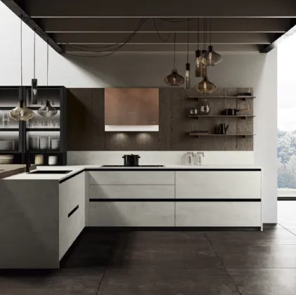 Cucina Design con penisola in bilaminato cemento Ménta 05 di Miton