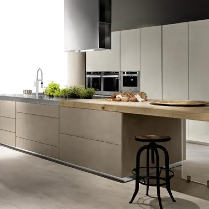 Cucina Design con isola in laminato finitura cemento, legno e acciaio Limha Cemento di Miton