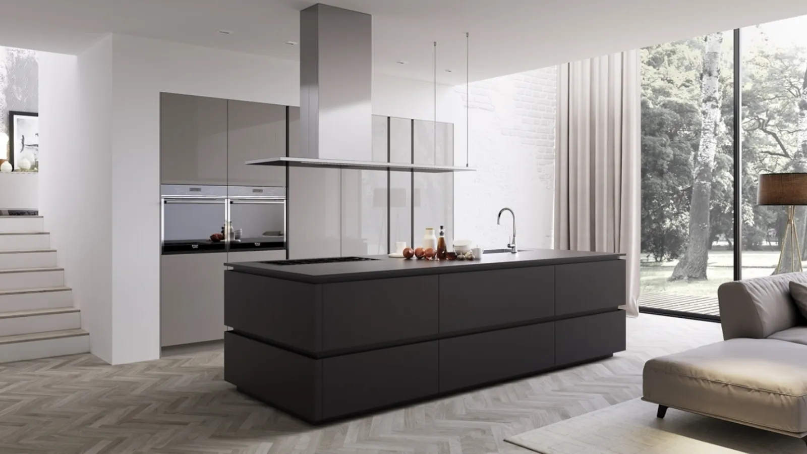 Cucina Design con isola in vetro e laccato Tilo di Miton