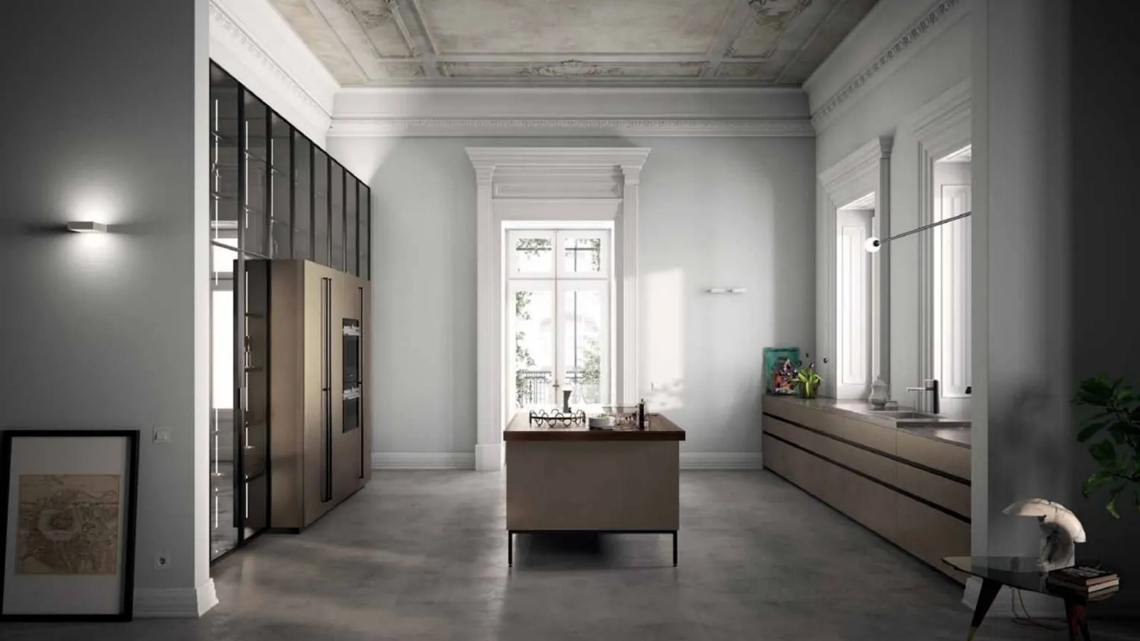 Cucina Design con isola MK1 02 in Alluminio bronzato e top in Marmo Dark Grey di Nova Cucina