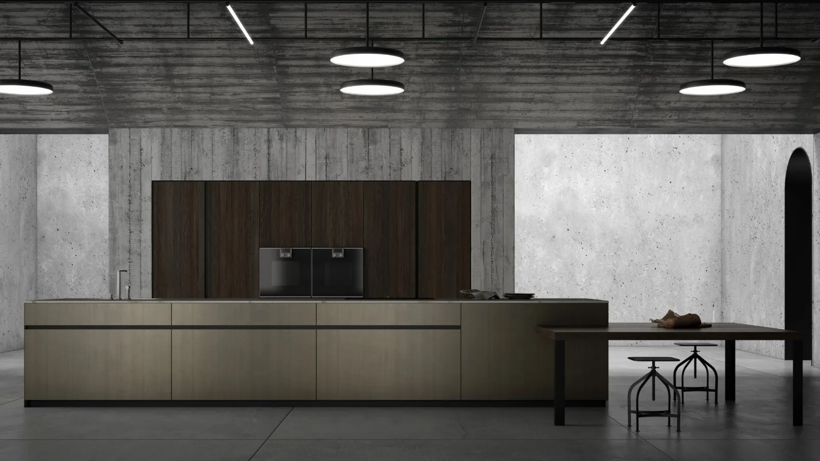 Cucina Design con isola MK1&Kyton Lab4/0 03 in laminato con top in marmo e penisola in rovere termocotto di Nova Cucina