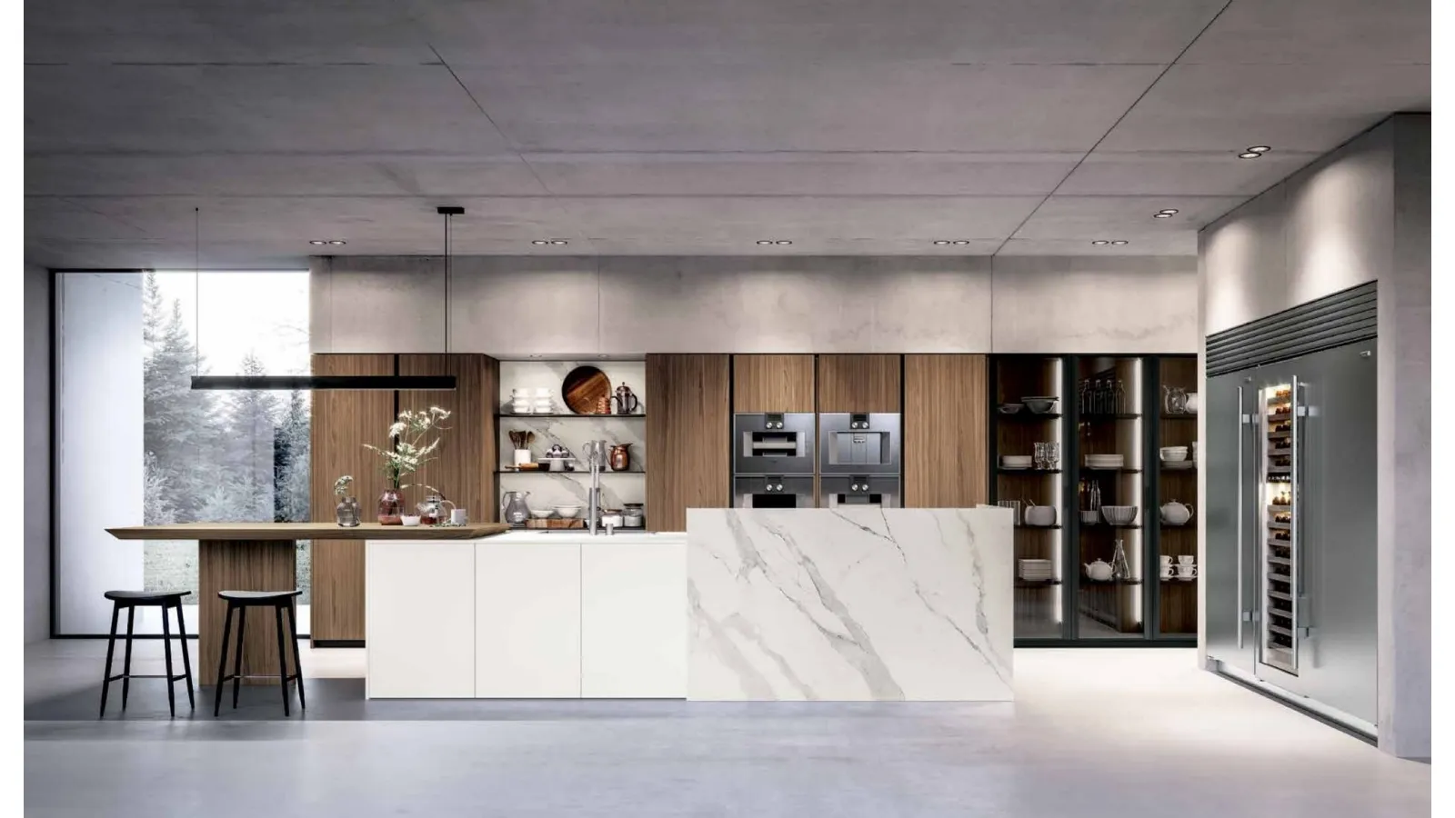 Cucina Design lineare Fly&Keaton 01 in laccato bianco opaco, pannello effetto marmo e Noce Canaletto di Nova Cucina