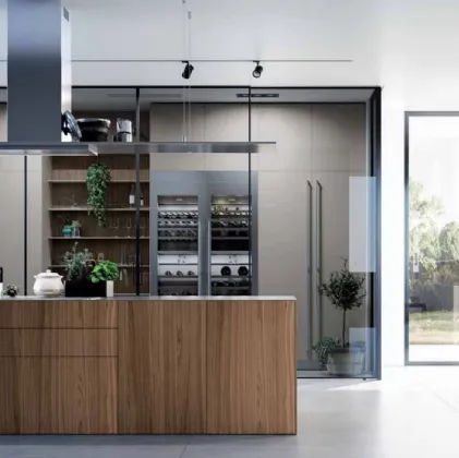 Cucina Design con isola MK1 01 in Noce Canaletto e Acciaio Inox di Nova Cucina