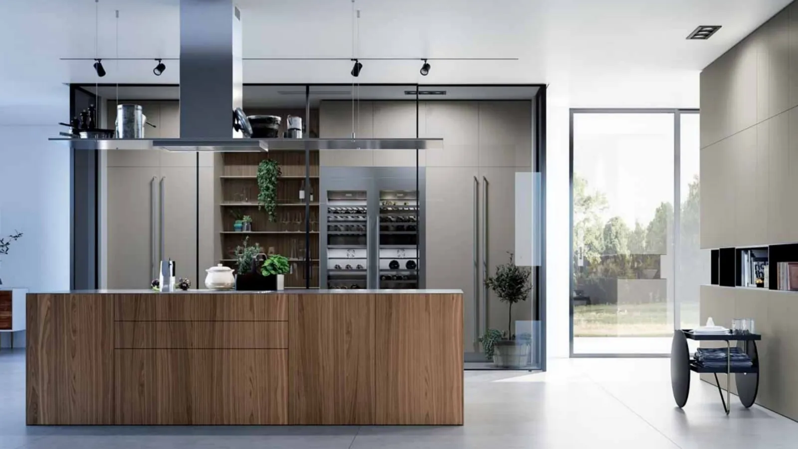 Cucina Design con isola MK1 01 in Noce Canaletto e Acciaio Inox di Nova Cucina