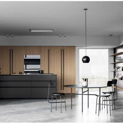 Cucina Design con penisola MK1 06 in Alluminio Ferro naturale, Rovere e top in Dekton nero di Nova Cucina