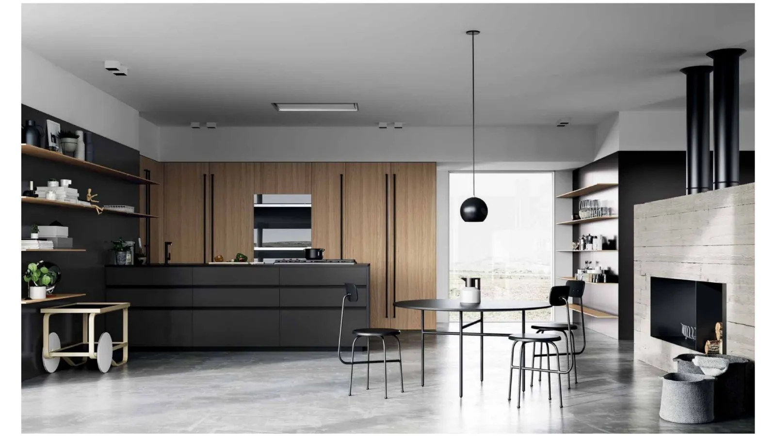 Cucina Design con penisola MK1 06 in Alluminio Ferro naturale, Rovere e top in Dekton nero di Nova Cucina