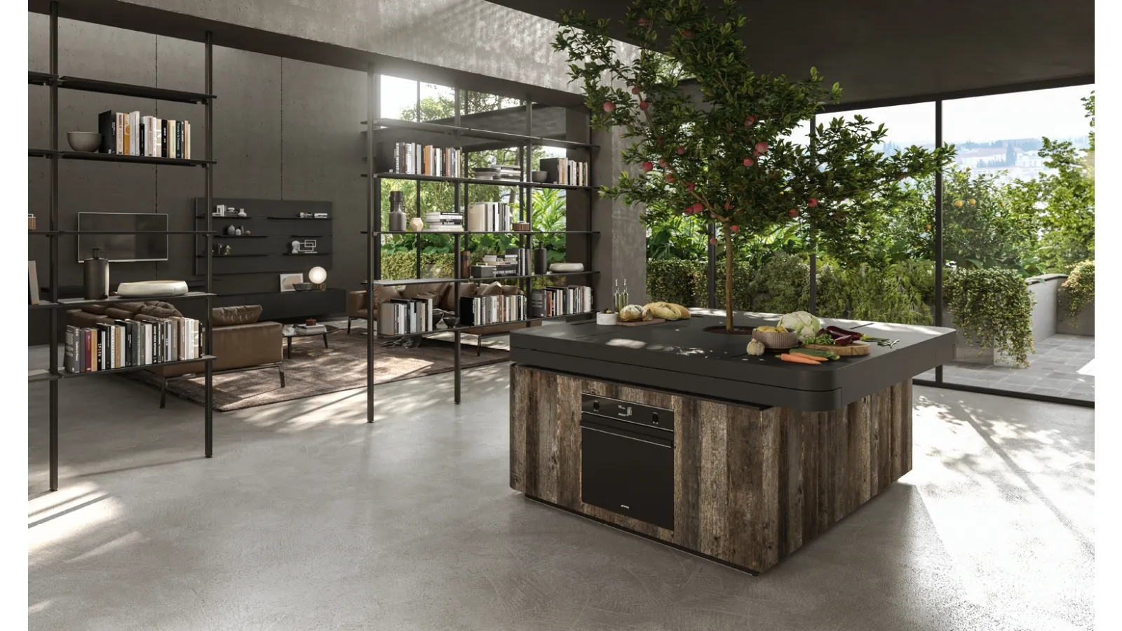 Cucina Design a isola di forma quadrata con albero centrale Oasi in Rovere ossidato di Aran