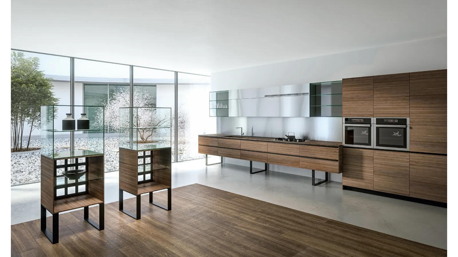 Cucina Design lineare Sipario in Noce Canaletto chiaro con venatura orizzontale di Aran