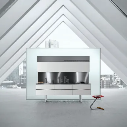 Cucina Design lineare Sipario in Fenix Bianco Alaska e Acciaio inox di Aran