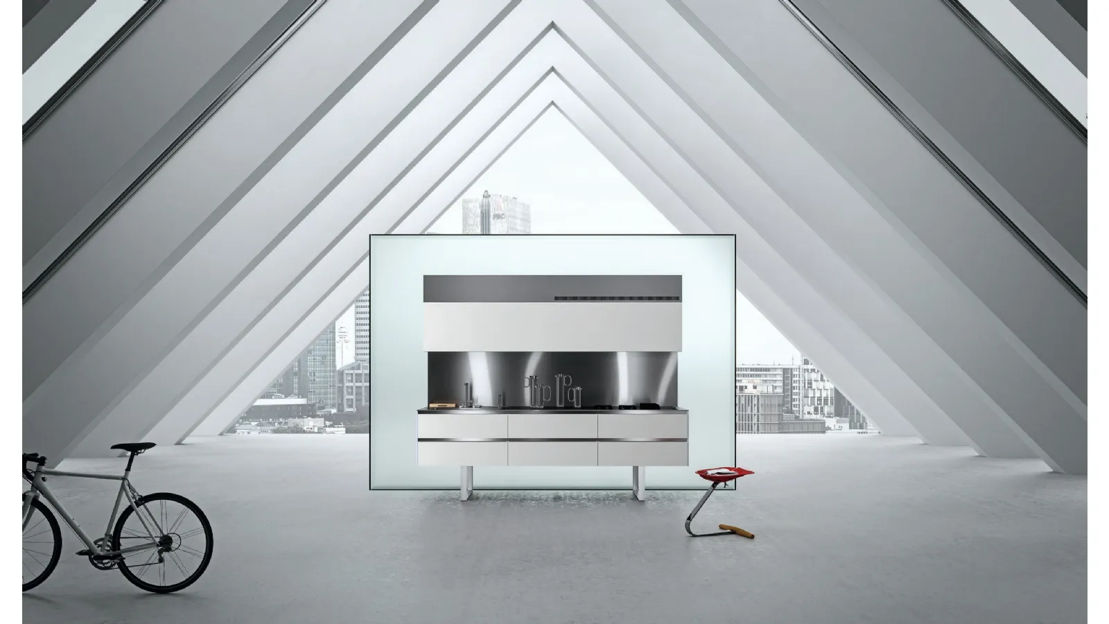 Cucina Design lineare Sipario in Fenix Bianco Alaska e Acciaio inox di Aran