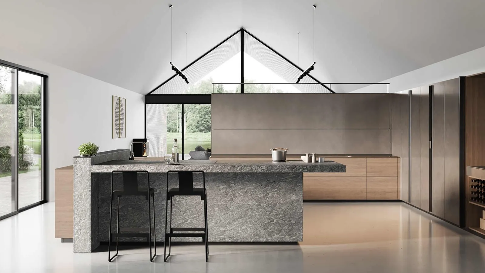 Cucina Design con isola Artematica Noce Tattile con New Logica in Acciaio di Valcucine